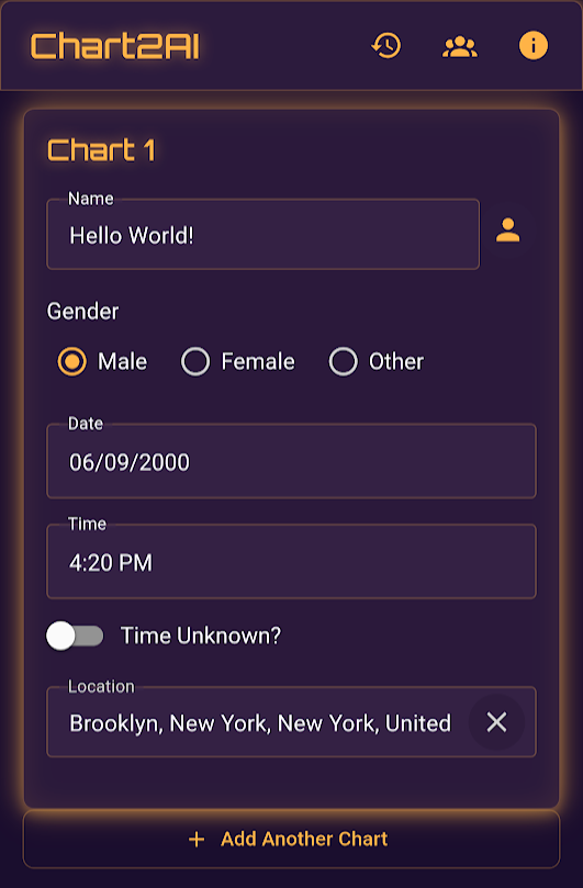 Chart2AI app interface showing birth chart creation